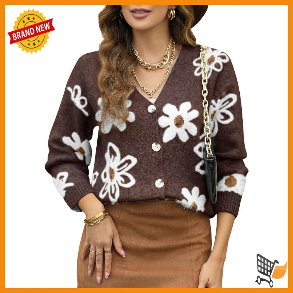 Floral V-Neck Cardigan Sweater Long Sleeve Open Front Button Down